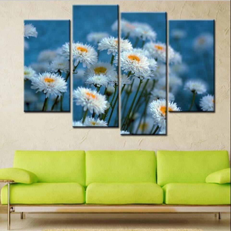 White Daisy Flowers 4 Piece HD Multi Panel Canvas Wall Art Frame - Original Frame