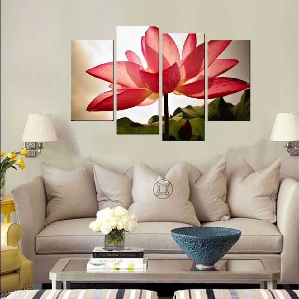 Pink Lotus Flower 4 Piece HD Multi Panel Canvas Wall Art Frame - Original Frame