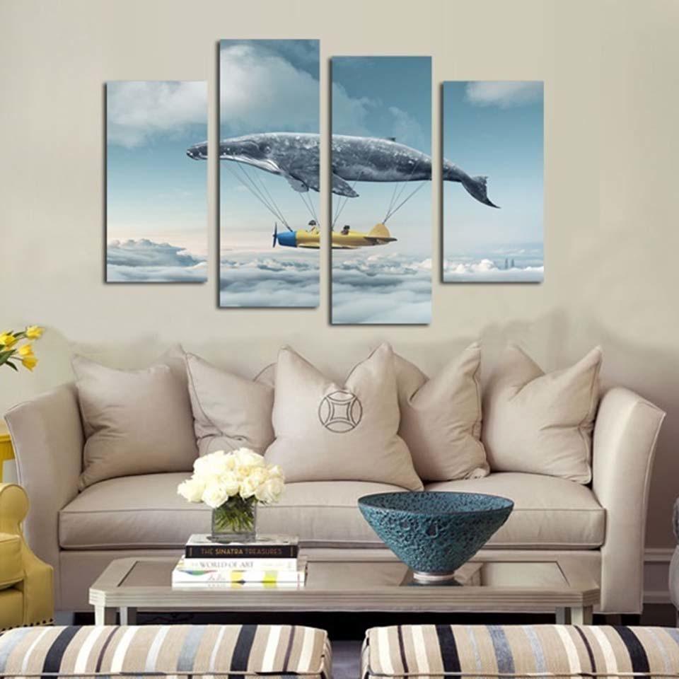 Whale Hot Air Balloon 4 Piece HD Multi Panel Canvas Wall Art Frame - Original Frame