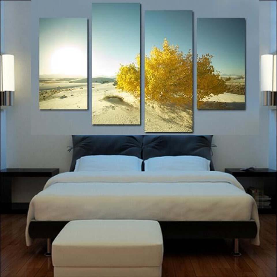 Yellow Tree In Desert 4 Piece HD Multi Panel Canvas Wall Art Frame - Original Frame