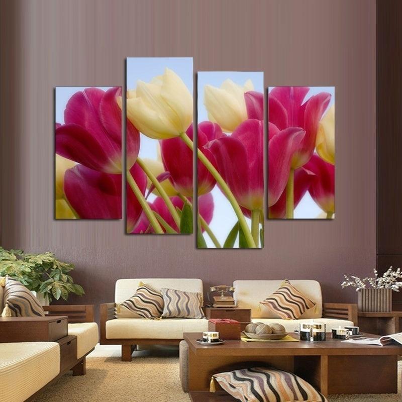 White Pink Tulips Flowers 4 Piece HD Multi Panel Canvas Wall Art Frame - Original Frame