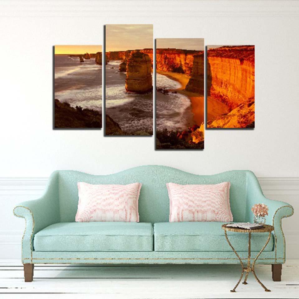 Sunset Sea Tide Rock 4 Piece HD Multi Panel Canvas Wall Art Frame - Original Frame