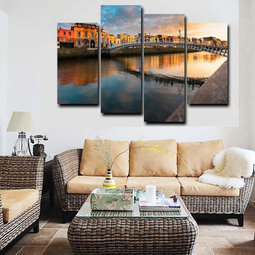 Modern Citys Bridge Lake 4 Piece HD Multi Panel Canvas Wall Art Frame - Original Frame