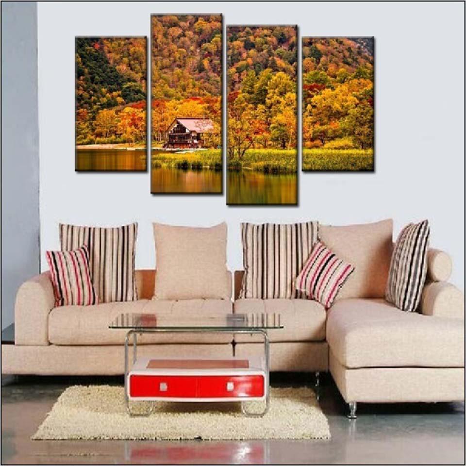 Mountain Forest House 4 Piece HD Multi Panel Canvas Wall Art Frame - Original Frame