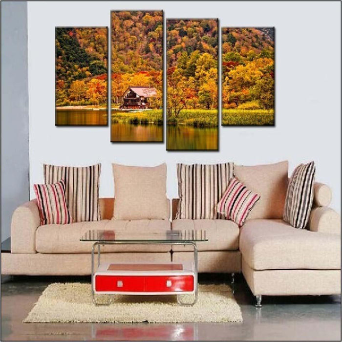 Mountain Forest House 4 Piece HD Multi Panel Canvas Wall Art Frame