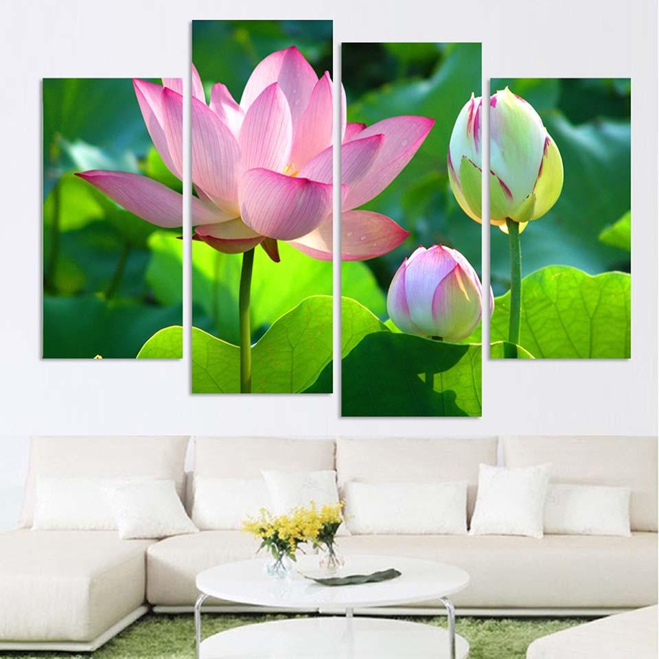 Pink Lotus Flowers 4 Piece HD Multi Panel Canvas Wall Art Frame - Original Frame