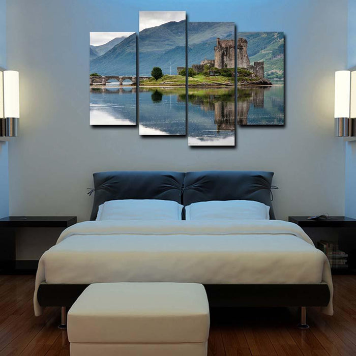 Mountain Castle River 4 Piece HD Multi Panel Canvas Wall Art Frame