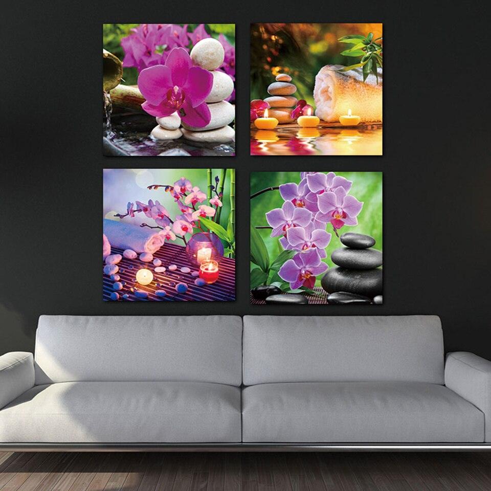 Purple Flowers Candles 4 Piece HD Multi Panel Canvas Wall Art - Original Frame