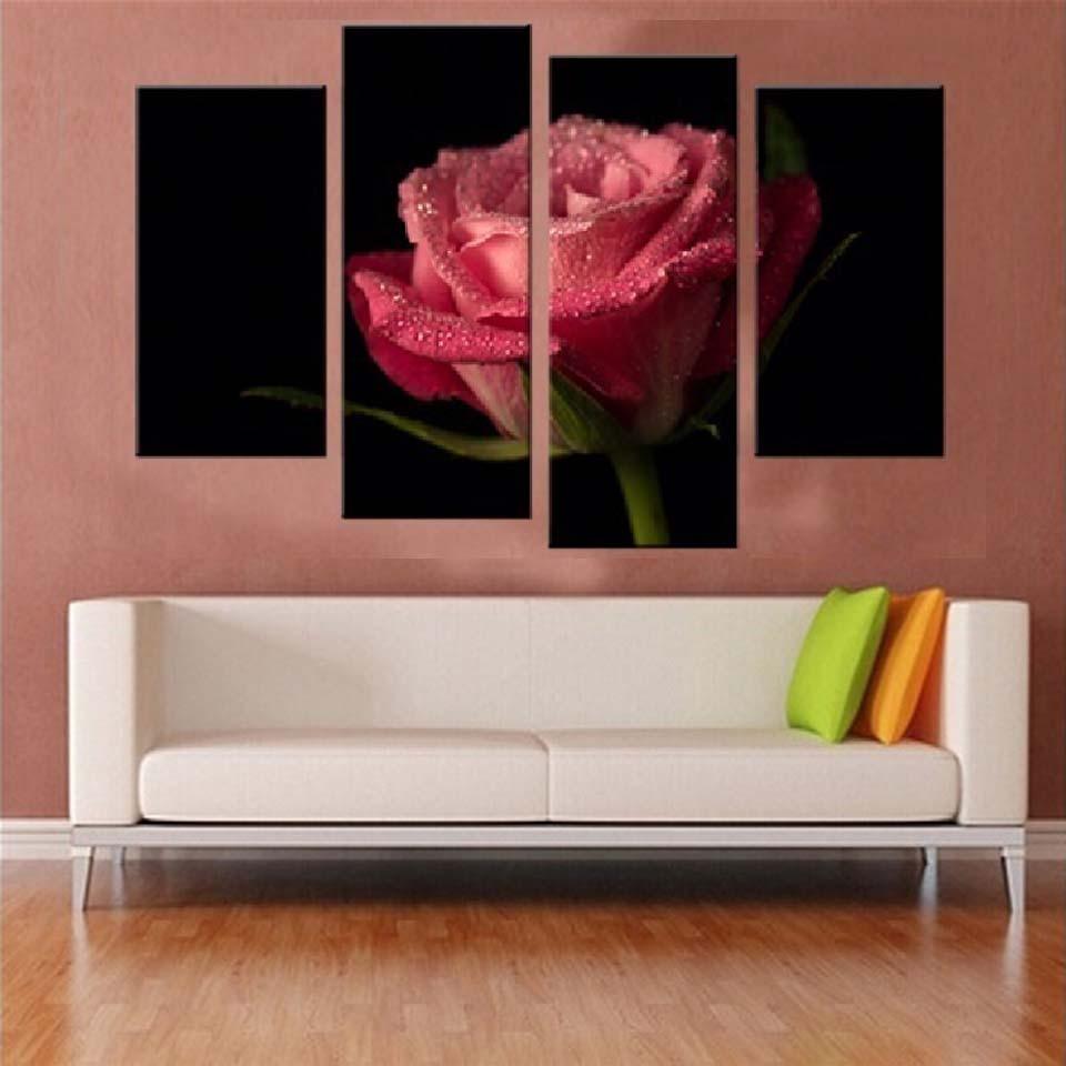Pink Rose Flower 4 Piece HD Multi Panel Canvas Wall Art - Original Frame
