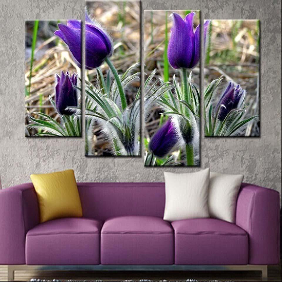 Purple Tulips 4 Piece HD Multi Panel Canvas Wall Art Frame - Original Frame