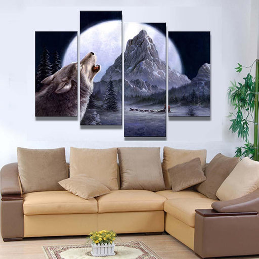 Howling Wolf 4 Piece HD Multi Panel Canvas Wall Art Frame - Original Frame