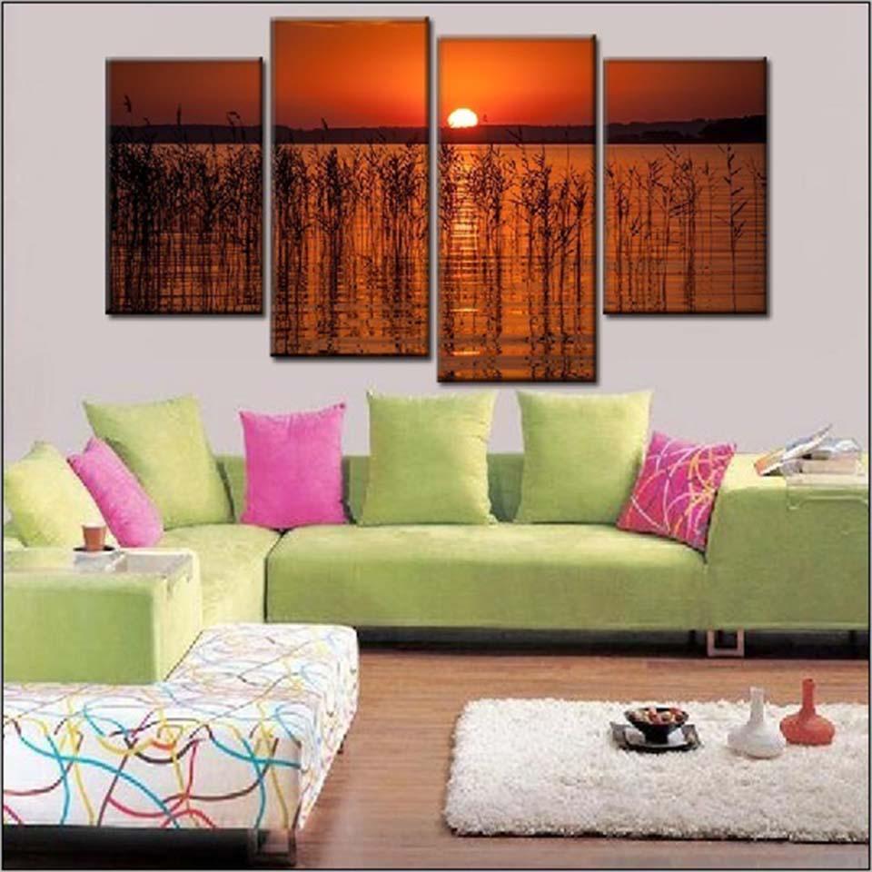 Beautiful Sunrise On Lake 4 Piece HD Multi Panel Canvas Wall Art Frame - Original Frame