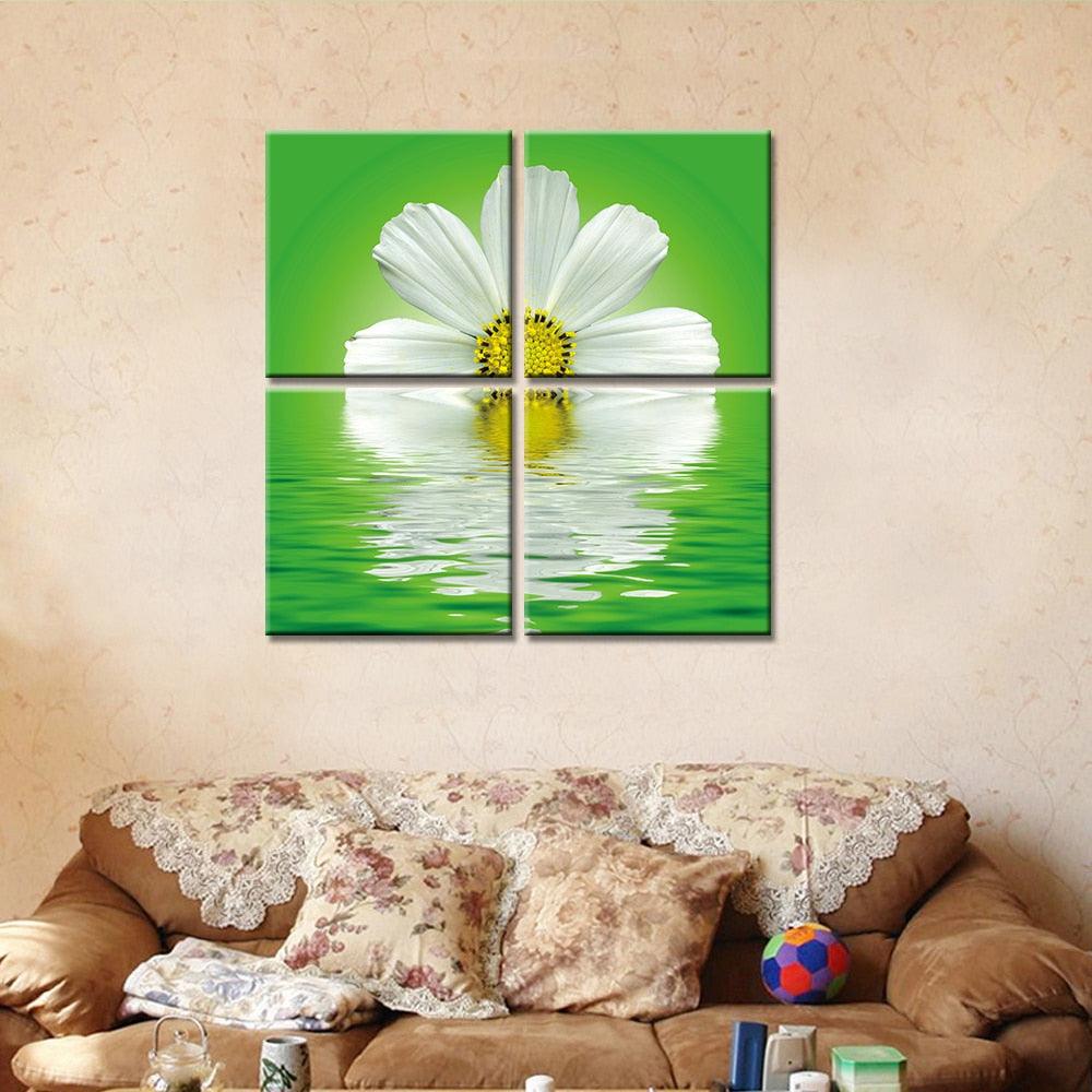 White Flowers In Clear Water 4 Piece HD Multi Panel Canvas Wall Art Frame - Original Frame