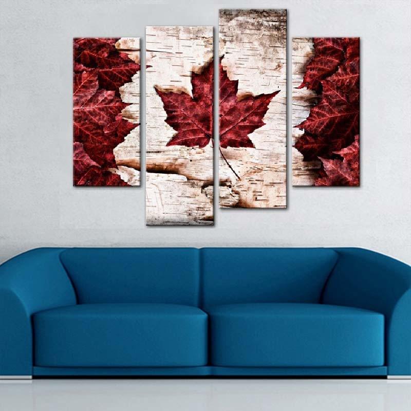 Canada Flag Maple Leaves 4 Piece HD Multi Panel Canvas Wall Art Frame - Original Frame