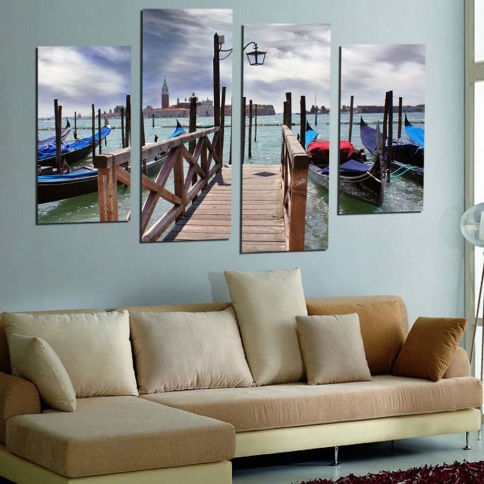 Lake Ship Plank Bridge 4 Piece HD Multi Panel Canvas Wall Art Frame - Original Frame