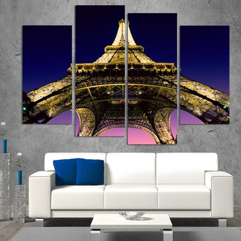 Lit Eiffel Tower 4 Piece HD Multi Panel Canvas Wall Art Frame - Original Frame