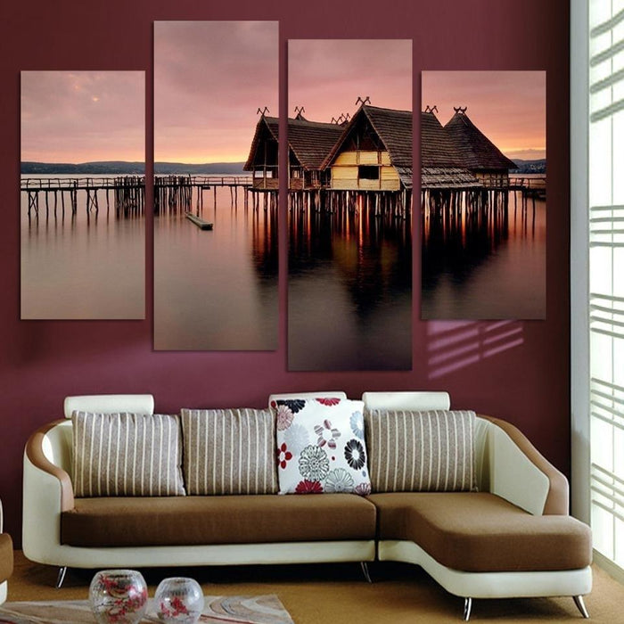 Small House On River Shore 4 Piece HD Multi Panel Canvas Wall Art Frame
