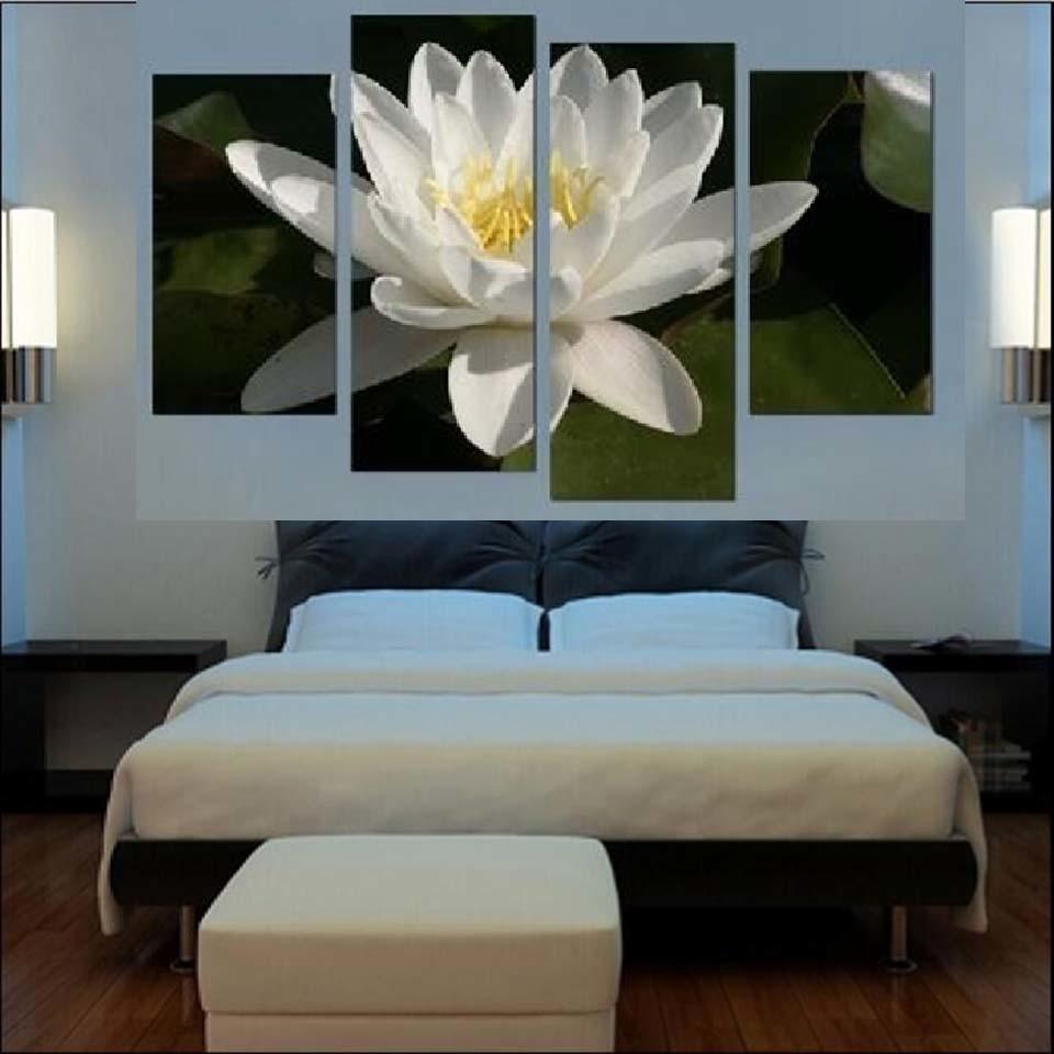White Lotus Flower 4 Piece HD Multi Panel Canvas Wall Art Frame - Original Frame