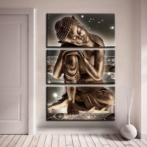 Buddha Bronze Statue 3 Piece HD Multi Panel Canvas Wall Art Frame - Original Frame