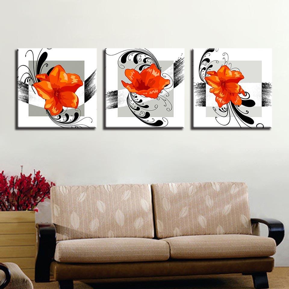 Orange Flowers 3 Piece HD Multi Panel Canvas Wall Art - Original Frame