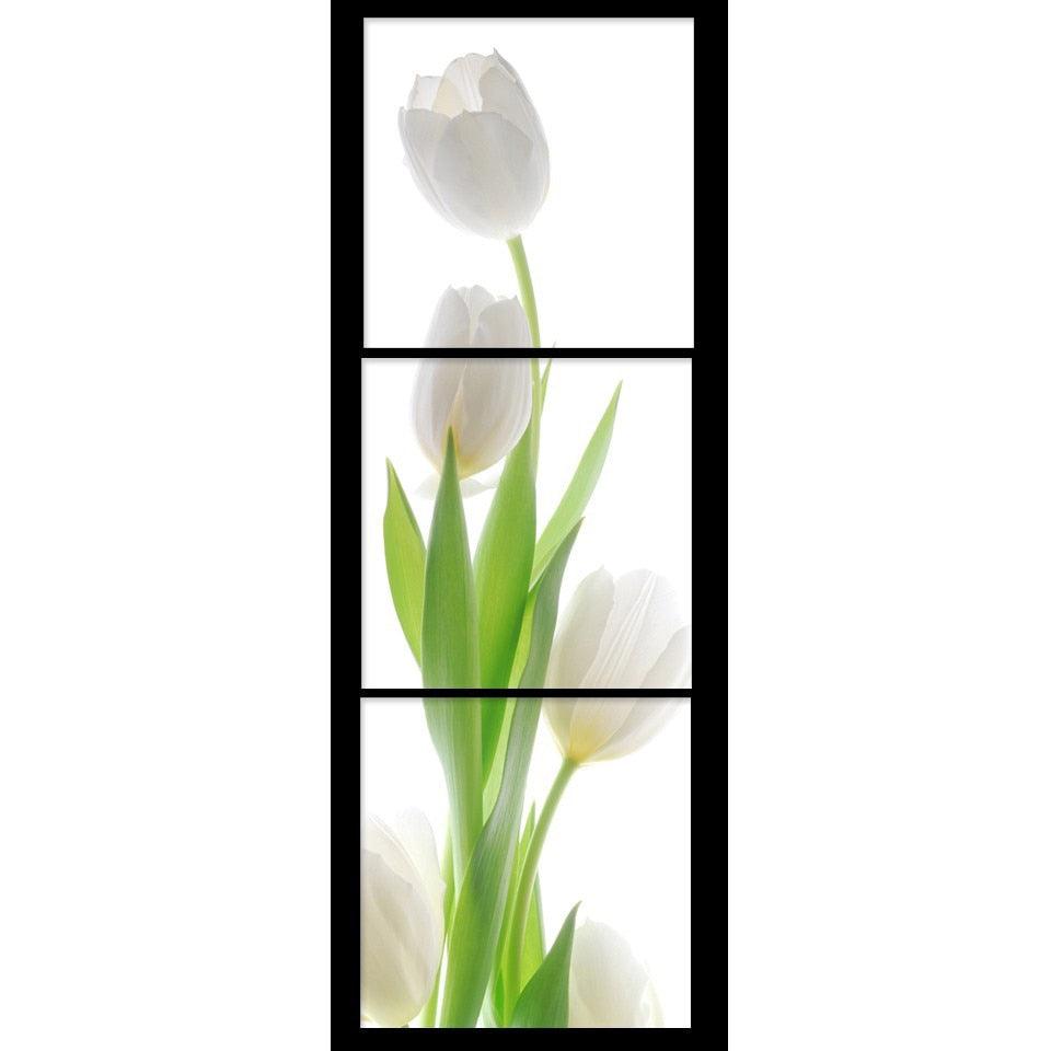 White Tulips 3 Piece HD Multi Panel Canvas Wall Art Frame - Original Frame
