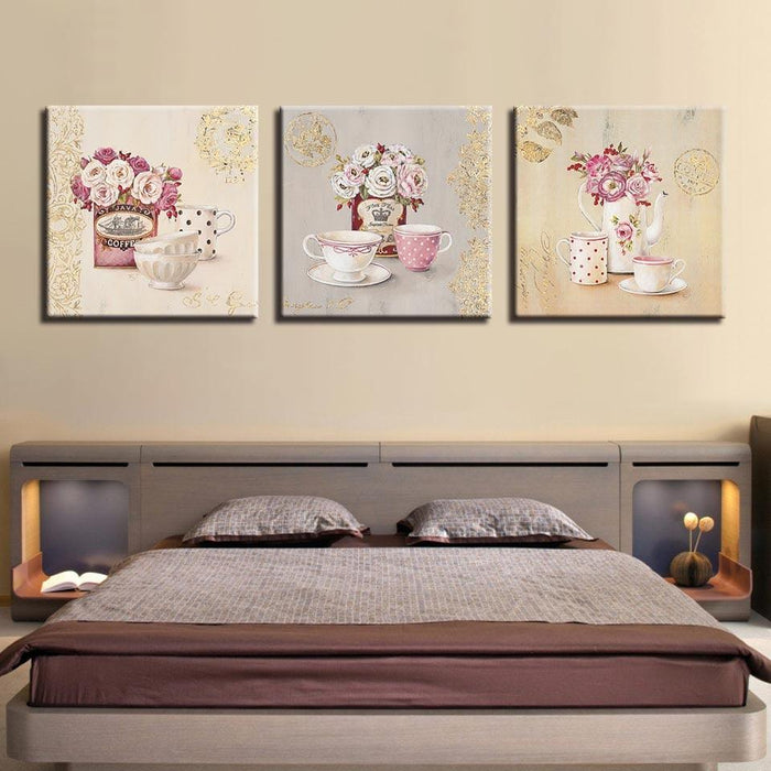 Tea Cups Paintings 3 Piece HD Multi Panel Canvas Wall Art Frame - Original Frame