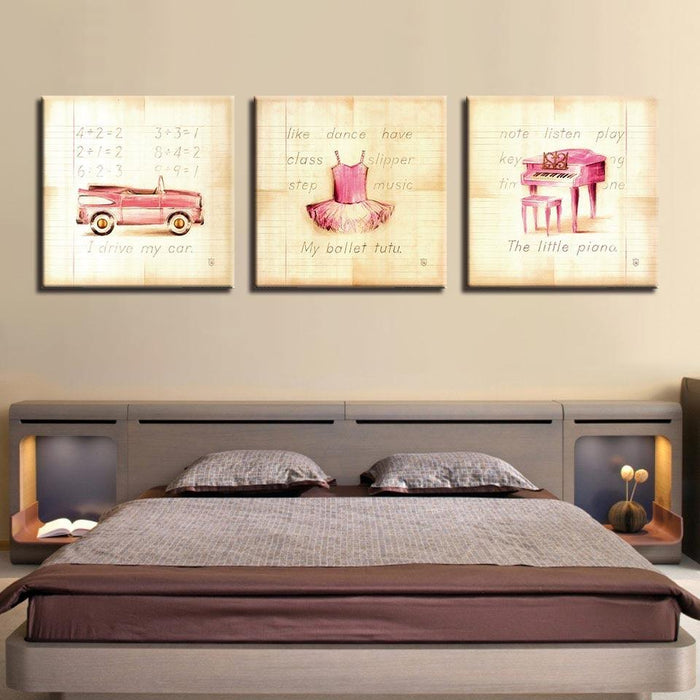 Kid's Car, Skirt & Piano 3 Piece HD Multi Panel Canvas Wall Art Frame - Original Frame