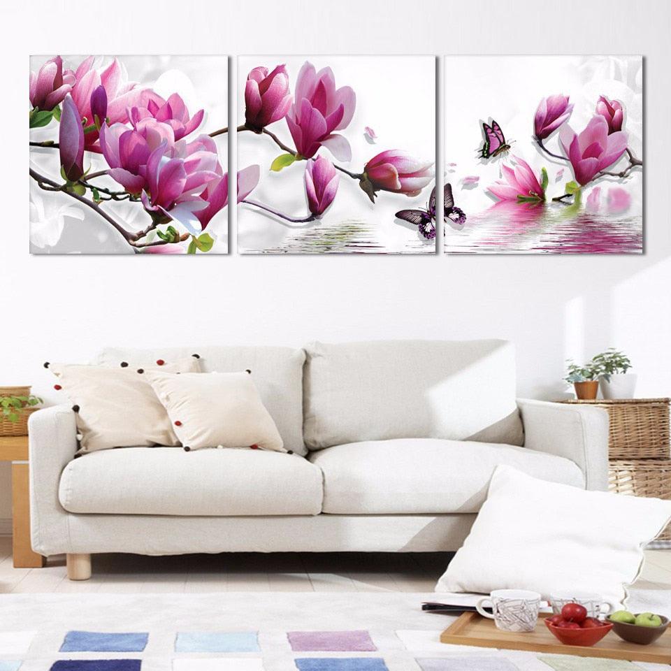 Magnolia Flowers 3 Piece HD Multi Panel Canvas Wall Art Frame - Original Frame