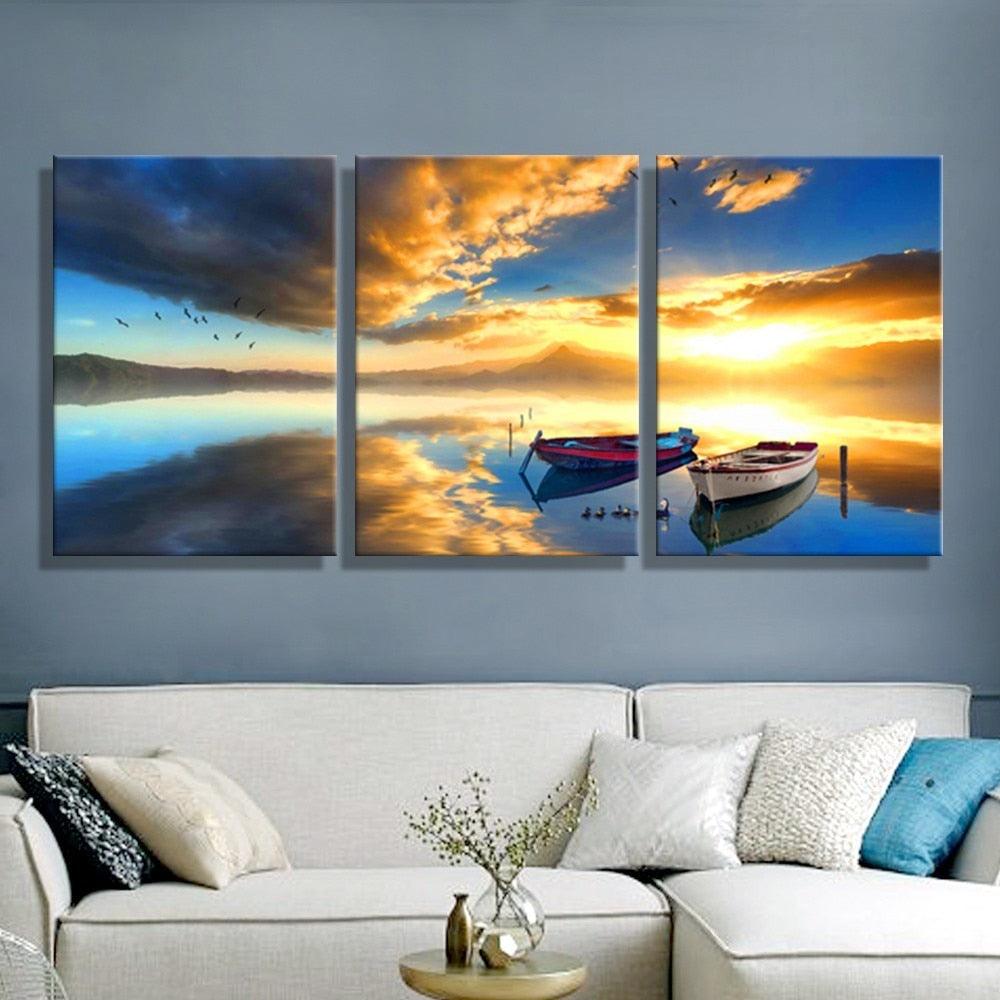 Sunrise Sea 3 Piece HD Multi Panel Canvas Wall Art Frame - Original Frame