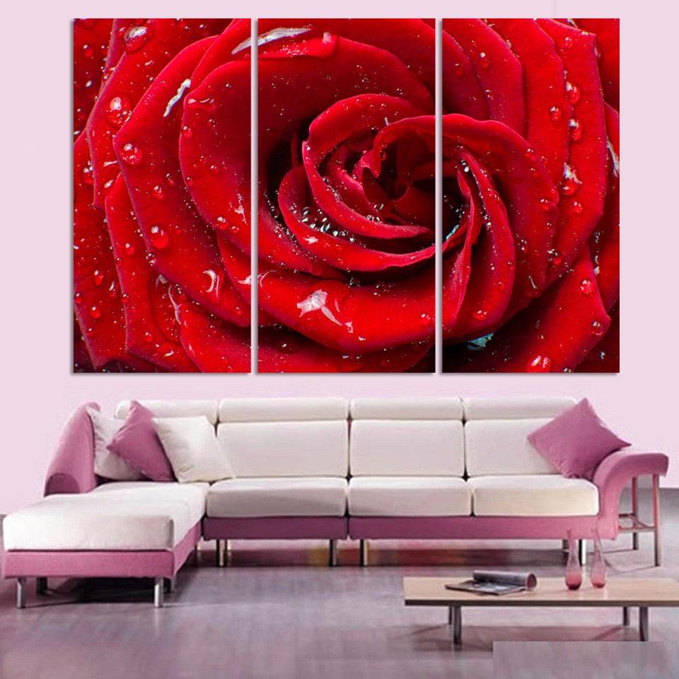 Red Rose & Water Droplets 3 Piece HD Multi Panel Canvas Wall Art Frame - Original Frame