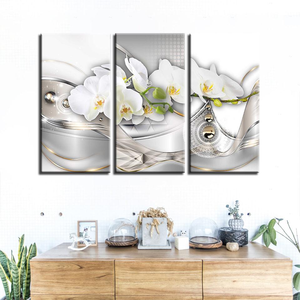 White Flower 3 Piece HD Multi Panel Canvas Wall Art Frame - Original Frame