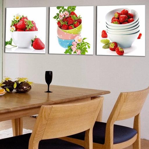 Strawberry Paintings 3 Piece HD Multi Panel Canvas Wall Art Frame - Original Frame