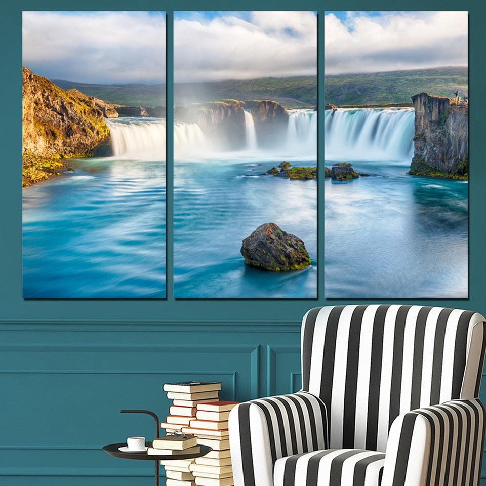 Waterfall Blue River 3 Piece HD Multi Panel Canvas Wall Art Frame - Original Frame