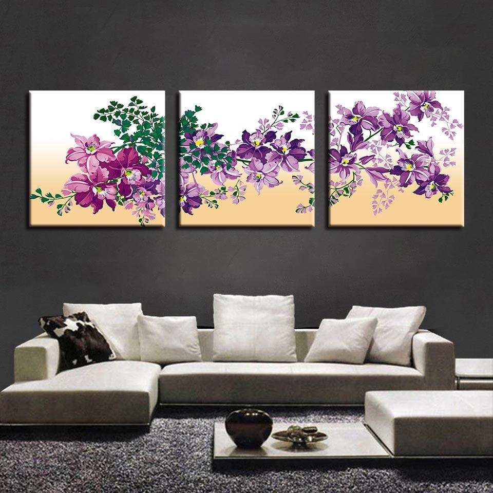 Purple Flowers 3 Piece HD Multi Panel Canvas Wall Art - Original Frame