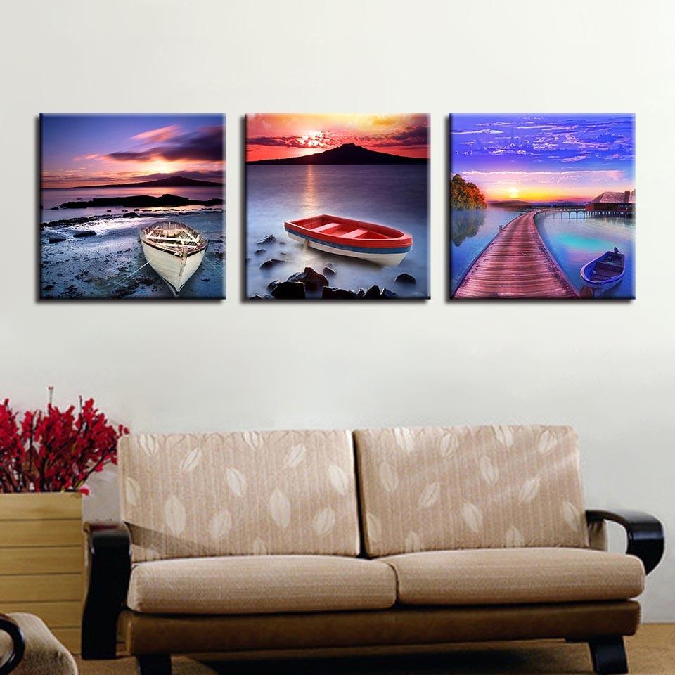 Ocean Sunrise Scenery 3 Piece HD Multi Panel Canvas Wall Art Frame - Original Frame