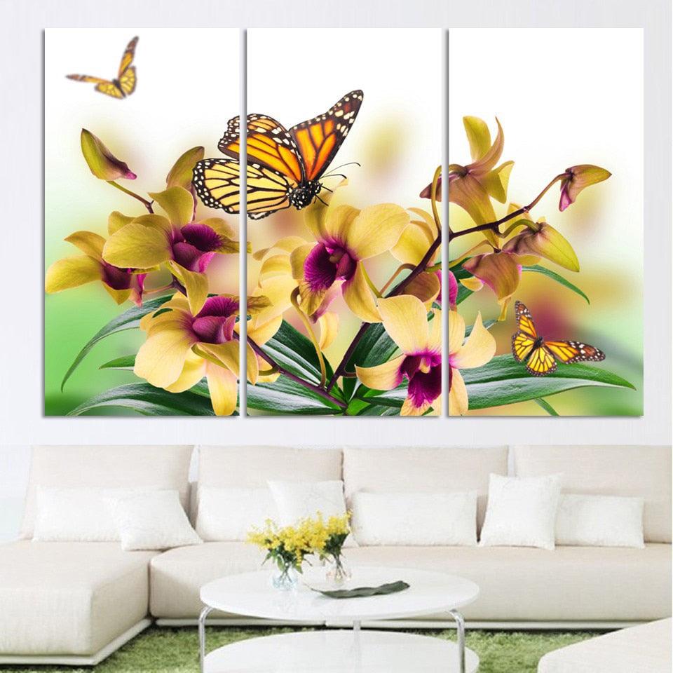 Yellow Orchid Flowers 3 Piece HD Multi Panel Canvas Wall Art Frame - Original Frame