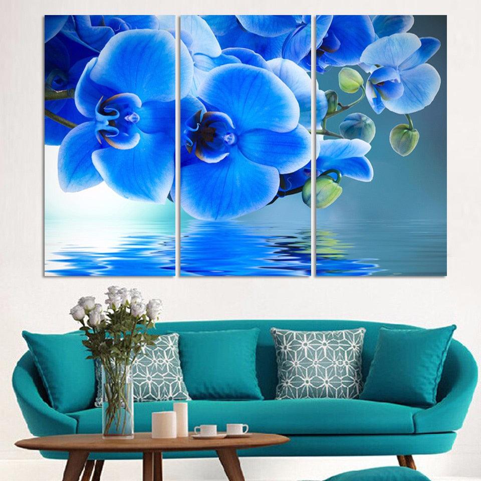 Blue Moth Orchid 3 Piece HD Multi Panel Canvas Wall Art Frame - Original Frame