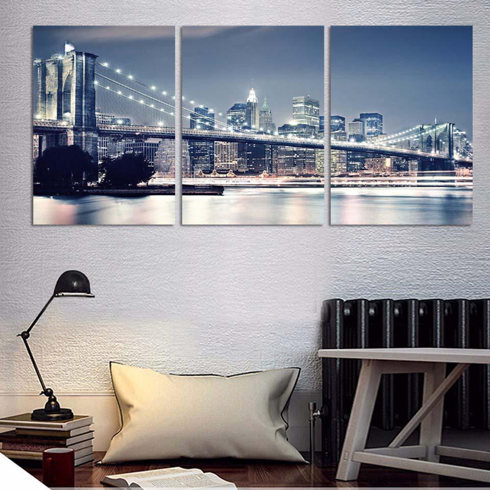 Brooklyn Bridge City Night View 3 Piece HD Multi Panel Canvas Wall Art Frame - Original Frame