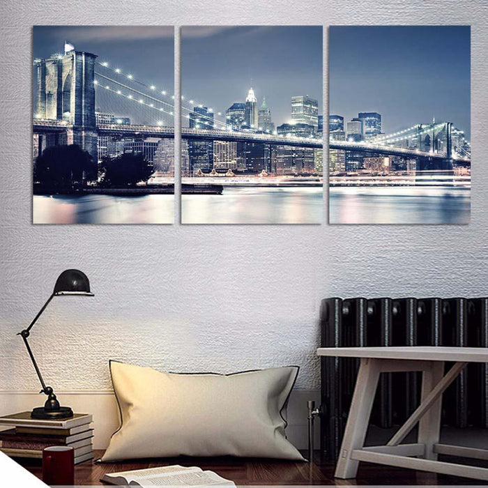 Brooklyn Bridge City Night View 3 Piece HD Multi Panel Canvas Wall Art Frame