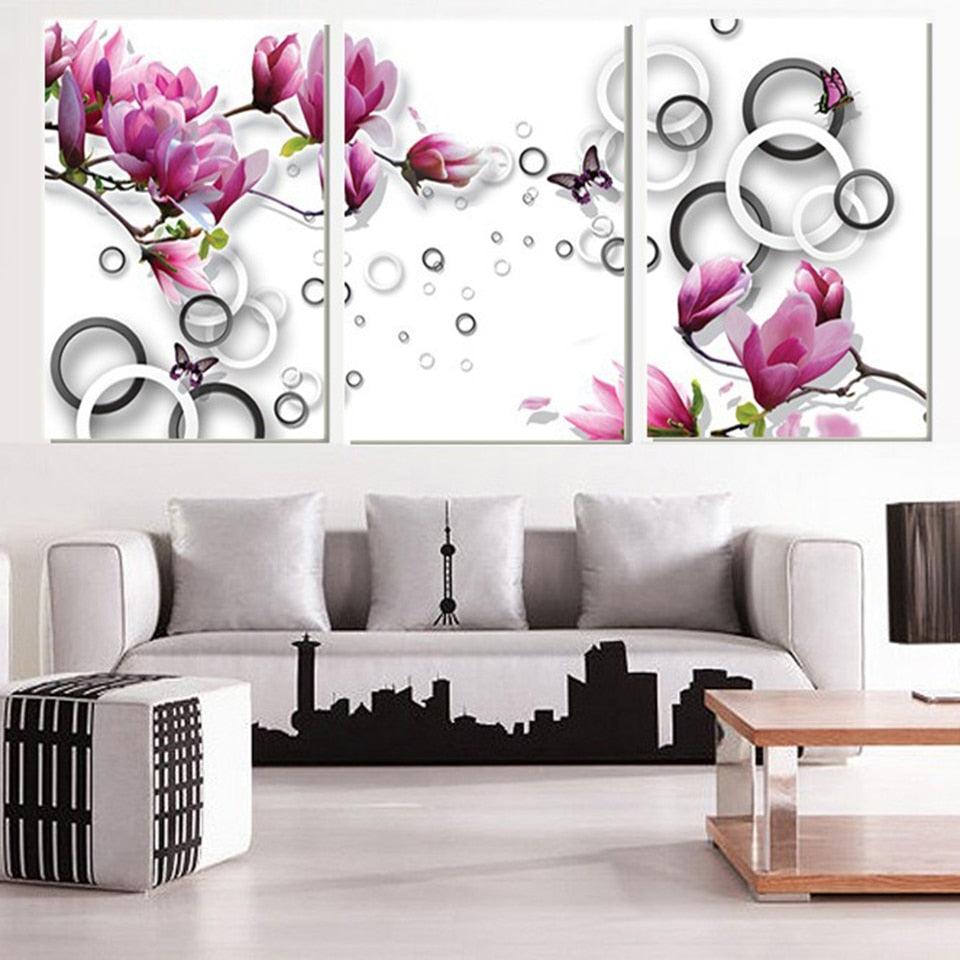 Purple Magnolia Flower 3 Piece HD Multi Panel Canvas Wall Art - Original Frame