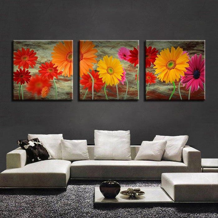 Daisy Flowers 3 Piece HD Multi Panel Canvas Wall Art Frame - Original Frame