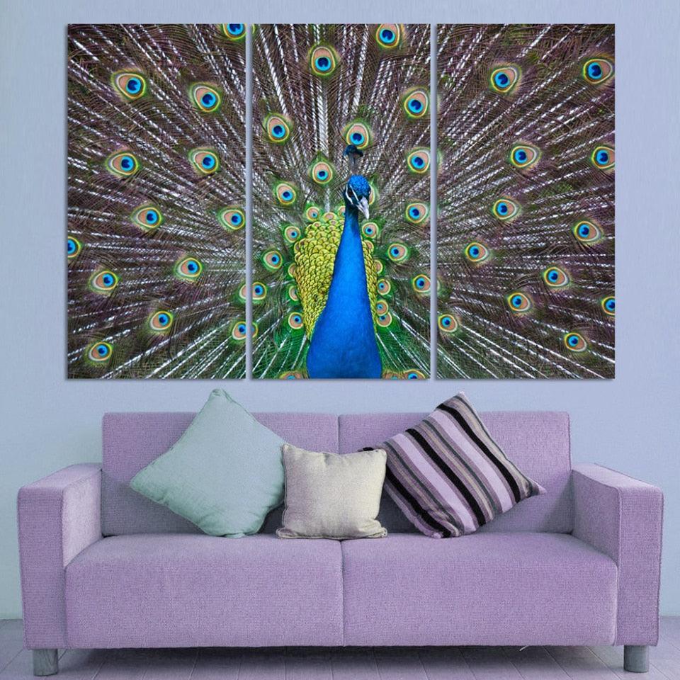 Elegant Peacock 3 Piece HD Multi Panel Canvas Wall Art Frame - Original Frame