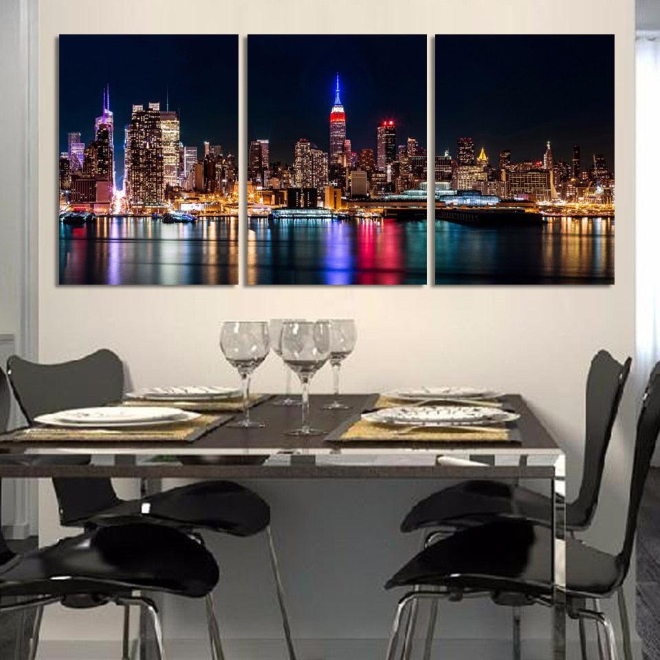 New York City Nightscape 3 Piece HD Multi Panel Canvas Wall Art Frame - Original Frame