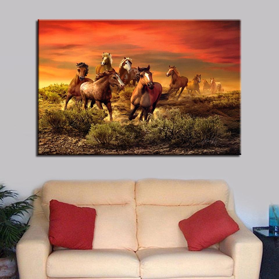 Sunset Horses 1 Piece HD Multi Panel Canvas Wall Art Frame - Original Frame