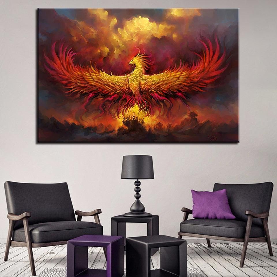 Wall Art Canvas For Living Room 1 Piece Fire Phoenix Poster Abstract Animal Pictures Home Decor Framework - Original Frame