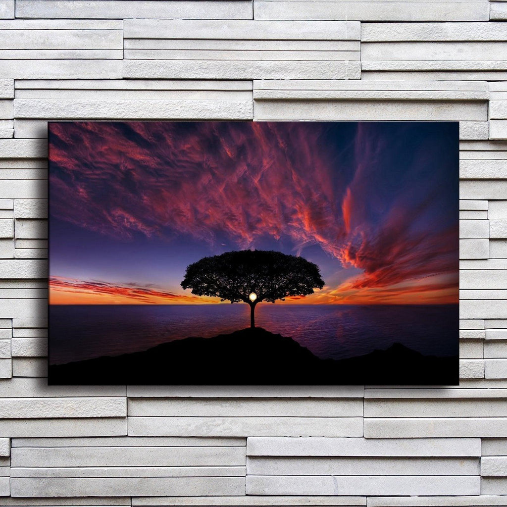Tree In Purple Sunset 1 Piece HD Multi Panel Canvas Wall Art Frame - Original Frame