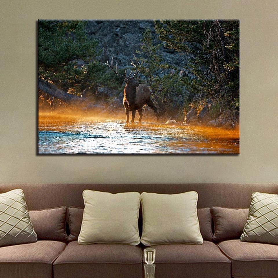 Deer by the Lake 1 Piece HD Multi Panel Canvas Wall Art Frame - Original Frame