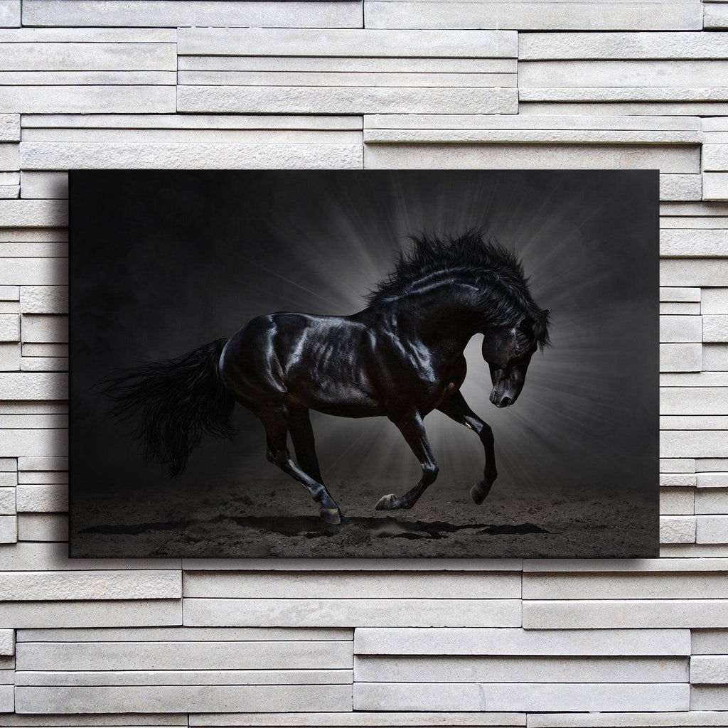 Black Horse Running Poster Living Room Prints Animal Pictures Hallway Wall Art - Original Frame