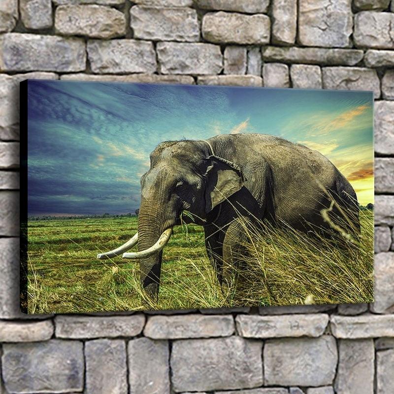 Elephant Grazing 1 Piece HD Multi Panel Canvas Wall Art Frame - Original Frame