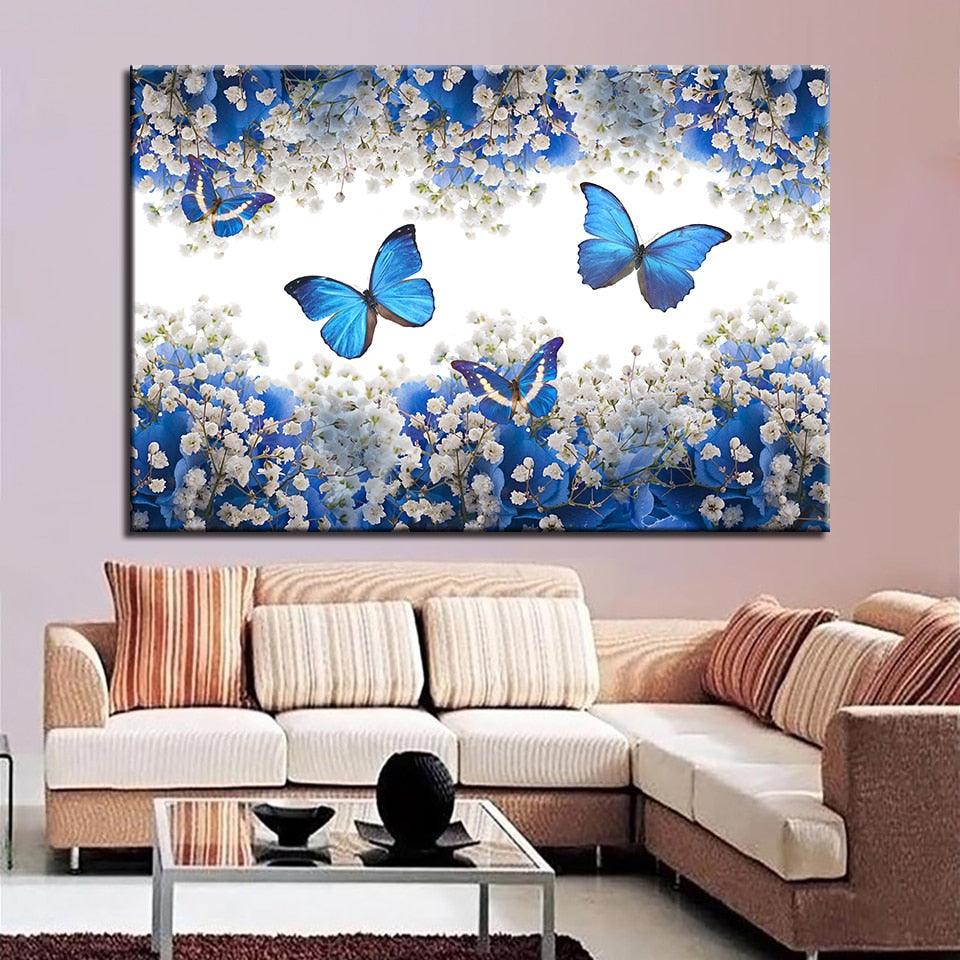 Blue Butterflies 1 Piece HD Multi Panel Canvas Wall Art Frame - Original Frame